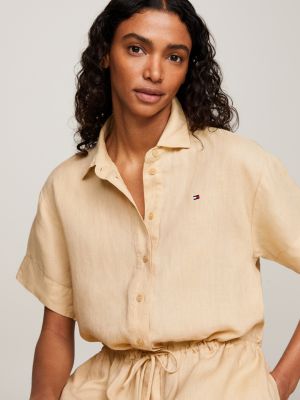 Linen Relaxed Short Sleeve Shirt Dress Beige Tommy Hilfiger