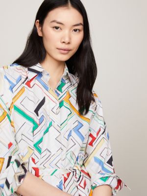 white popeline-hemdkleid mit th-monogramm-print für damen - tommy hilfiger