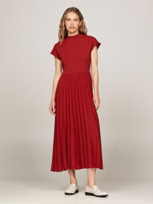 Mock Turtleneck Pleated Midi Dress Red Tommy Hilfiger