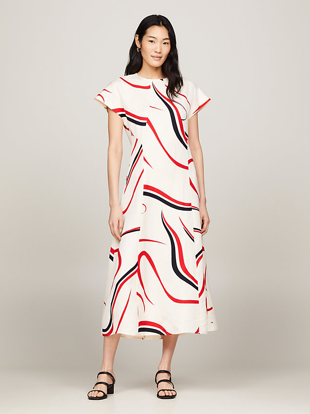 white fit and flare midi-jurk met lintprint voor dames - tommy hilfiger