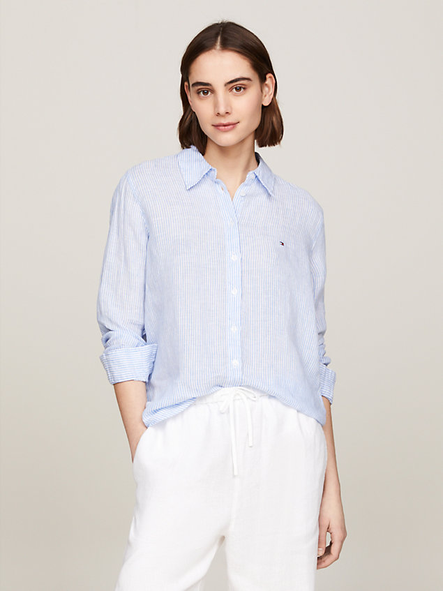 camicia relaxed fit in lino a righe blue da donne tommy hilfiger