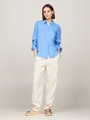 blue relaxed fit leinen-hemd für damen - tommy hilfiger
