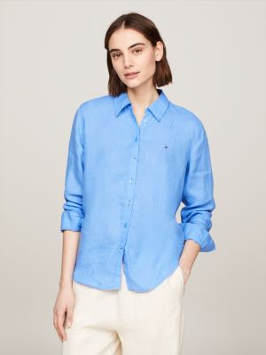 blue relaxed fit leinen-hemd für damen - tommy hilfiger