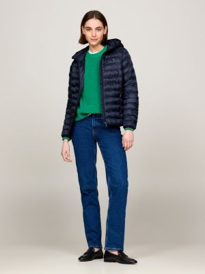 blau daunenjacke mit kapuze und reißverschluss für damen - tommy hilfiger