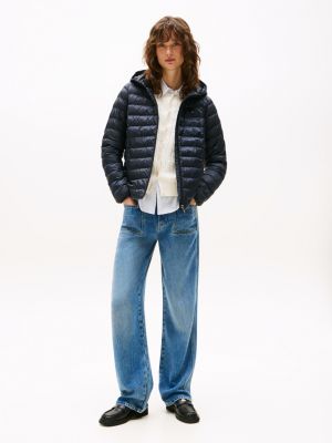 blue down-filled hooded zip-thru jacket for women tommy hilfiger