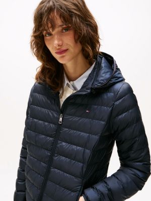 blue down-filled hooded zip-thru jacket for women tommy hilfiger