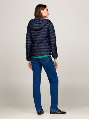 blue down-filled hooded zip-thru jacket for women tommy hilfiger