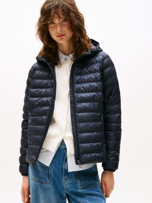 blue down-filled hooded zip-thru jacket for women tommy hilfiger