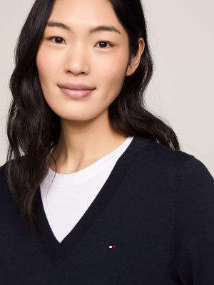 pull heritage col en v bleu pour femmes tommy hilfiger