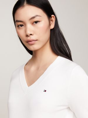 white heritage v-neck jumper for women tommy hilfiger