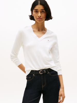 white heritage v-neck jumper for women tommy hilfiger