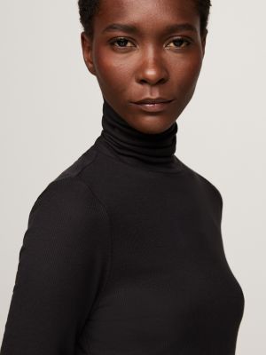 schwarz slim fit langarmshirt mit rollkragen für damen - tommy hilfiger
