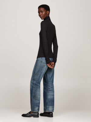 schwarz slim fit langarmshirt mit rollkragen für damen - tommy hilfiger
