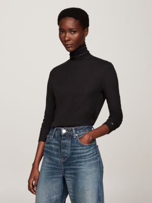 black slim fit longsleeve t-shirt met col voor dames - tommy hilfiger