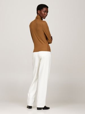 brown roll neck long sleeve slim t-shirt for women tommy hilfiger