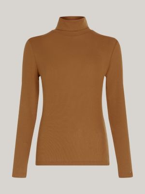 brown roll neck long sleeve slim t-shirt for women tommy hilfiger