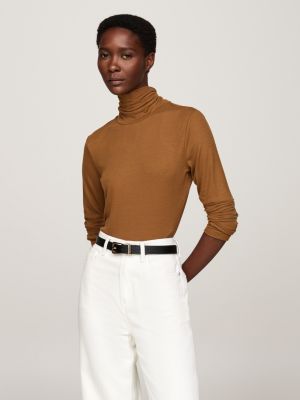 brown roll neck long sleeve slim t-shirt for women tommy hilfiger