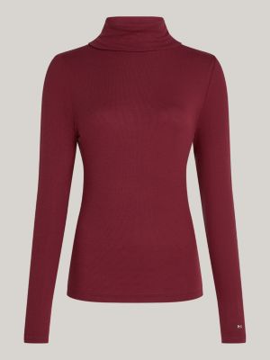 rood slim fit longsleeve t-shirt met col voor dames - tommy hilfiger