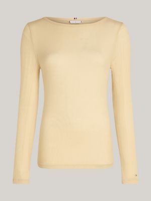 camiseta slim acanalada de manga larga beige de mujeres tommy hilfiger