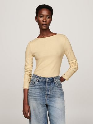 beige ribbed long sleeve slim t-shirt for women tommy hilfiger