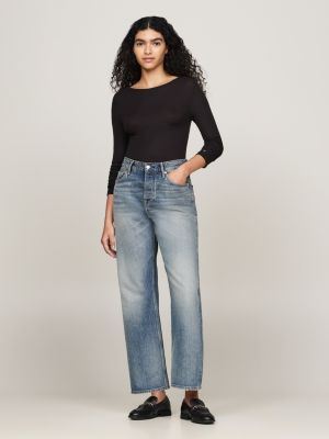 t-shirt slim fit a coste e maniche lunghe nero da donne tommy hilfiger