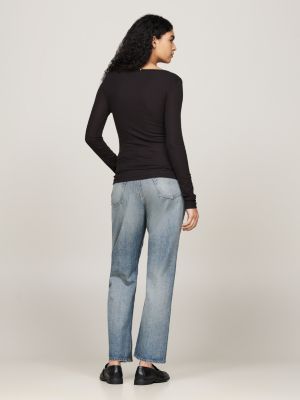 t-shirt slim fit a coste e maniche lunghe nero da donne tommy hilfiger