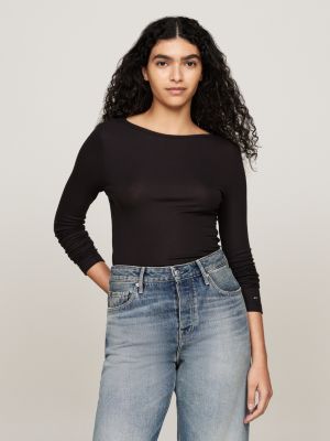 black ribbed long sleeve slim t-shirt for women tommy hilfiger