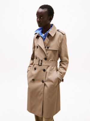 khaki waterafstotende slim fit trenchcoat voor dames - tommy hilfiger