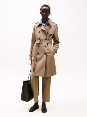 khaki waterafstotende slim fit trenchcoat voor dames - tommy hilfiger