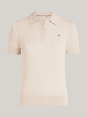 beige fine knit regular fit polo for women tommy hilfiger