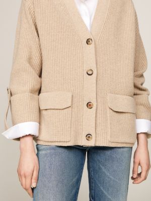 beige oversized wollen vest met v-hals voor dames - tommy hilfiger