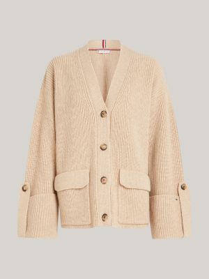 beige oversized wollen vest met v-hals voor dames - tommy hilfiger