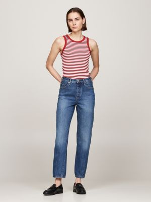 vaqueros de talle alto rectos con costura girada azul de mujeres tommy hilfiger