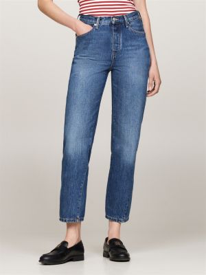 jeans straight fit a vita alta sfalsati alla caviglia blue da donne tommy hilfiger