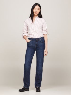 jeans straight fit a vita media con baffature blu da donne tommy hilfiger