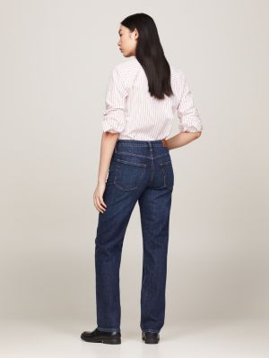 jeans straight fit a vita media con baffature blu da donne tommy hilfiger