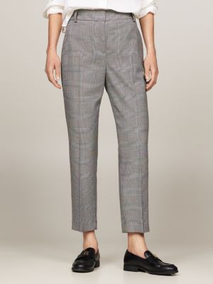 grey prince of wales check slim straight trousers for women tommy hilfiger