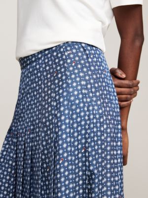 blauw geplooide midi-rok met foulard-vlagprint voor dames - tommy hilfiger