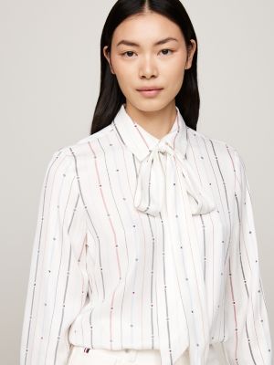 white flag stripe tie neck shirt for women tommy hilfiger