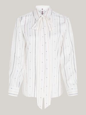 white flag stripe tie neck shirt for women tommy hilfiger