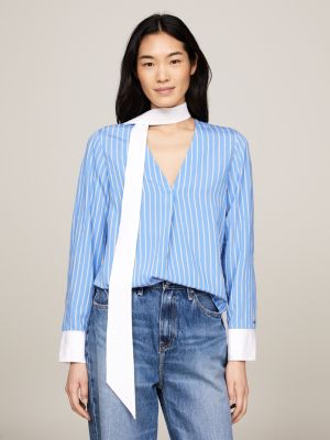 blue gestreifte relaxed fit bluse mit bindeband für damen - tommy hilfiger