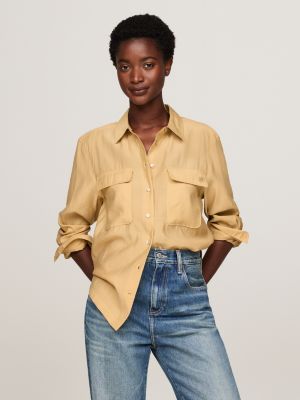 beige relaxed fit patch pocket shirt for women tommy hilfiger