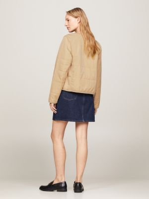 beige wattierte jacke ohne kragen mit jersey-futter für damen - tommy hilfiger