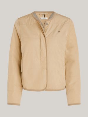 beige wattierte jacke ohne kragen mit jersey-futter für damen - tommy hilfiger