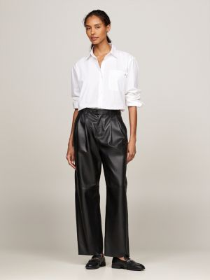 black leather relaxed tapered pleated trousers for women tommy hilfiger