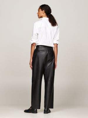 black leather relaxed tapered pleated trousers for women tommy hilfiger