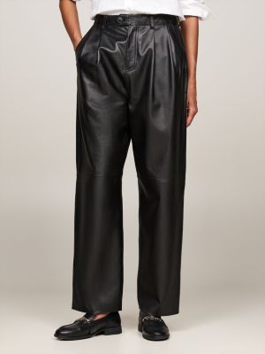 black leather relaxed tapered pleated trousers for women tommy hilfiger