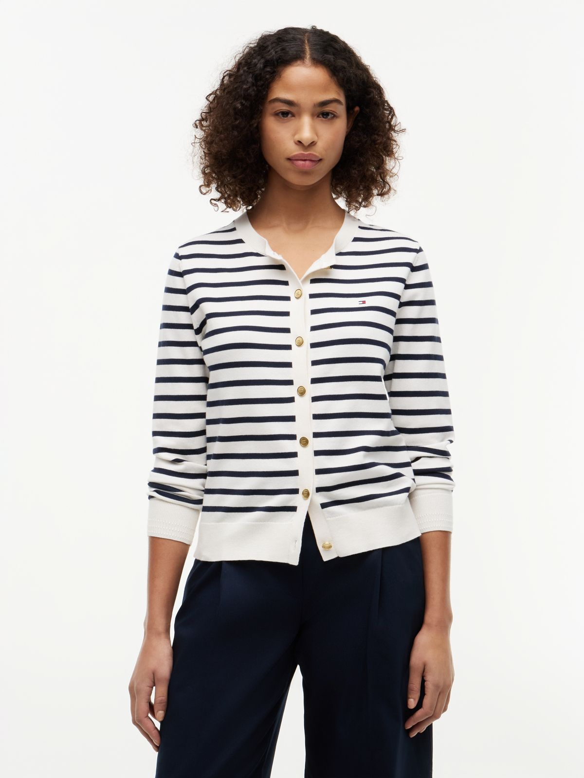 Fine Knit Jersey Crew Neck Cardigan — Multi