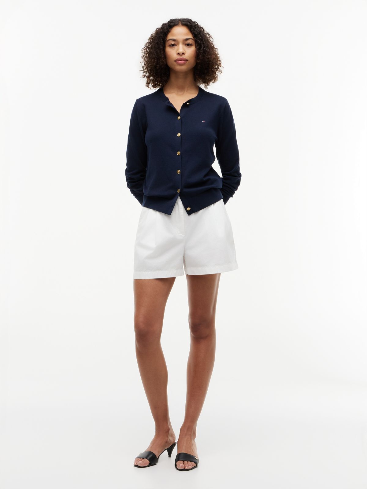 Fine Knit Jersey Crew Neck Cardigan — Blue