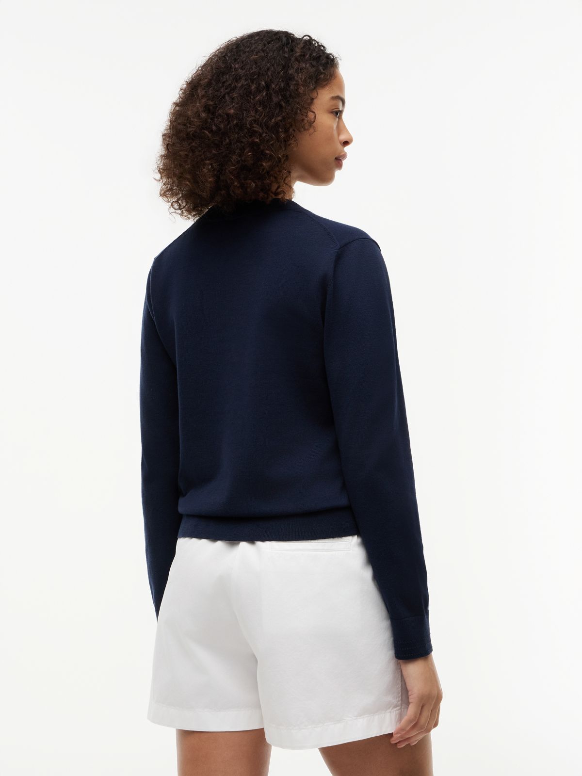 Fine Knit Jersey Crew Neck Cardigan — Blue
